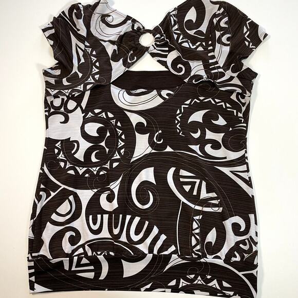 HEART & SOUL Ladies Square Neck Cap Sleeve Abstract Stretchy Peek A Boo Back XL - Picture 3 of 8